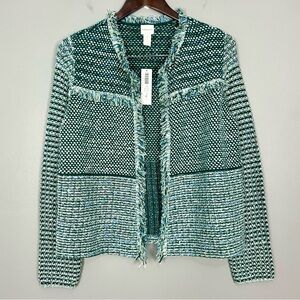 Chico’s Structured Tweed Cardigan Sweater Women’s Size S Fringe Wool Blend Boho
